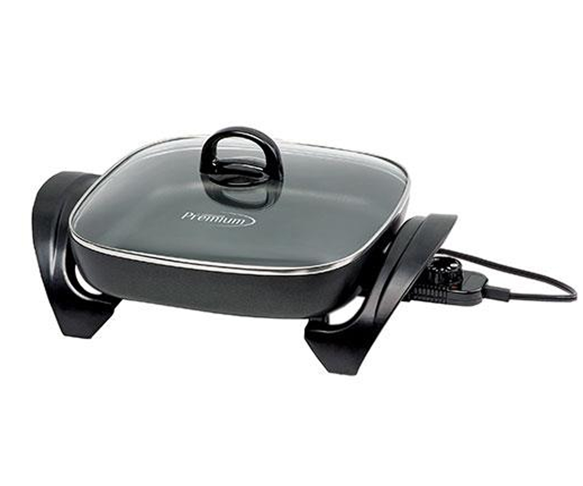 PREMIUM ELECTRISCHE KOEKEPAN MET GLAZEN DEKSEL ZWART 1200 Watt 12 INCH