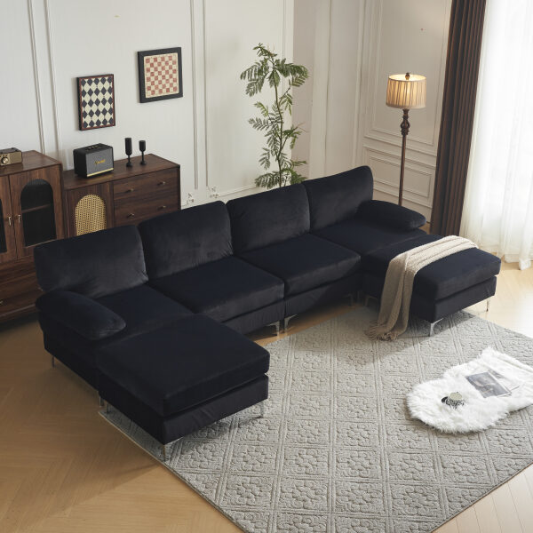 'EXP468 BLACK SECTIONAL U SHAPE SOFA VELVET FABRIC BLACK VS7003