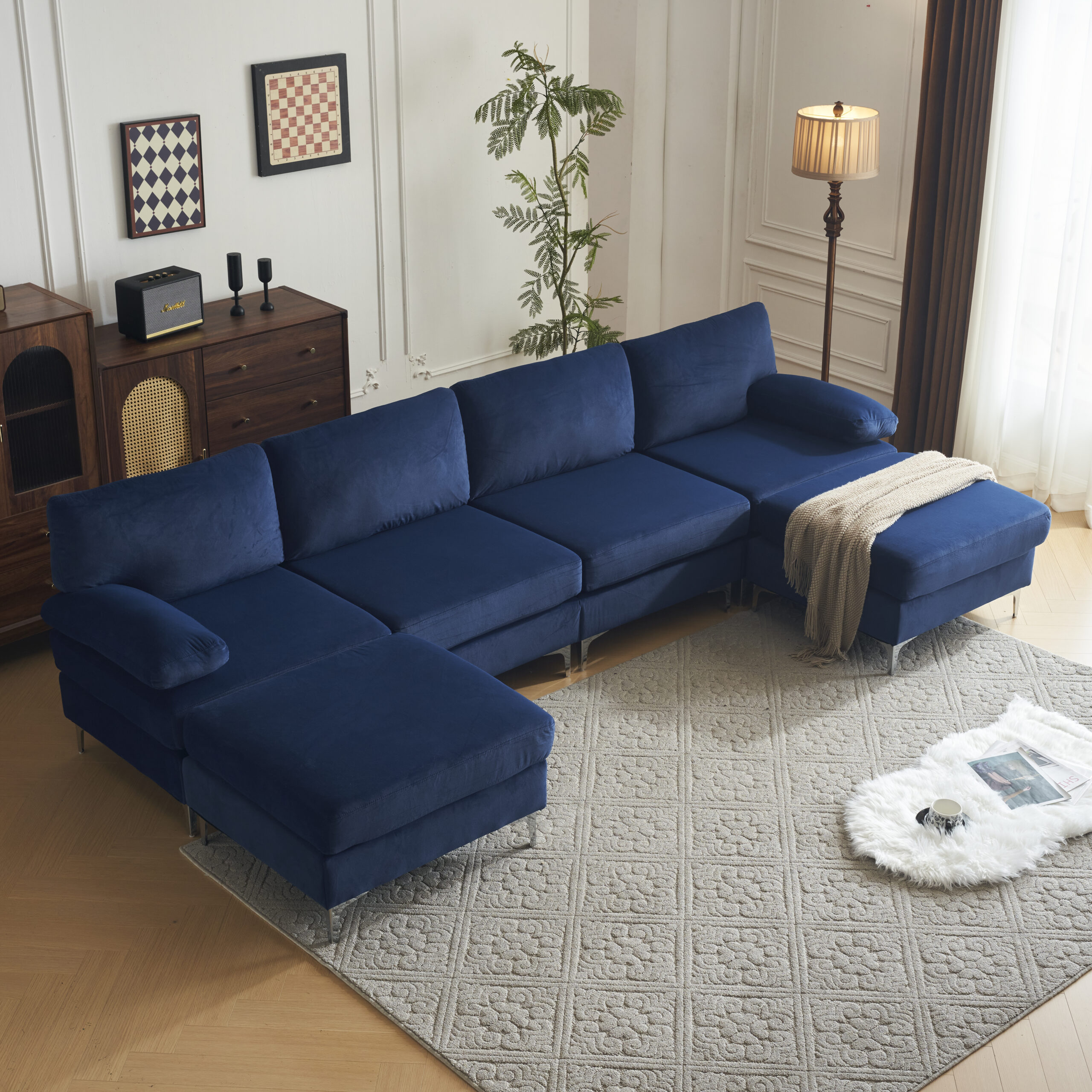 'EXP468 NAVY SECTIONAL U SHAPE SOFA VELVET FABRIC NAVY VS7003