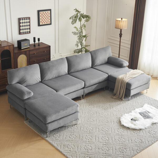 'EXP468 GREY SECTIONAL U SHAPE SOFA VELVET FABRIC GREY VS7003