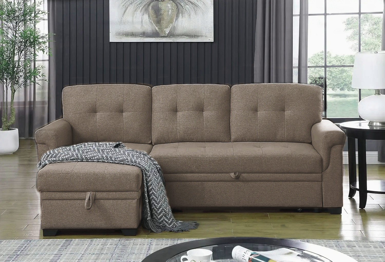CD200042 BROWN PULL OUT CORNER SOFA BED BY-3335-44