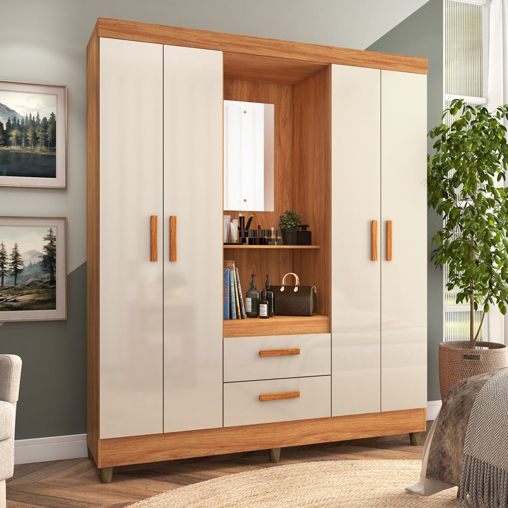 CHAPEL VETRO KLEDINGKAST MET 4 DEUREN / 2 LADEN CINAMOMO/OFFWHITE